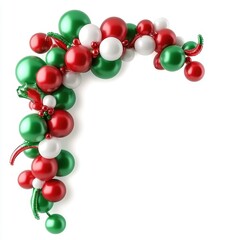 Colorful festive decorations, red and green balls on a white isolated background.