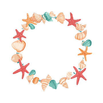 Seashell and starfish wreath - coastal decorative marine illustration