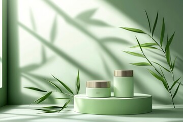 Cosmetic green podium mockup, window shade, and bamboo leaves. Shampoo, skin care lotion, or cream.