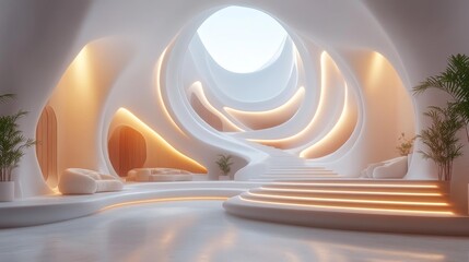 Minimalist Curved Interior with Soft Lighting. Generative AI