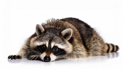Obraz premium Raccoon in a lying position on a white background.