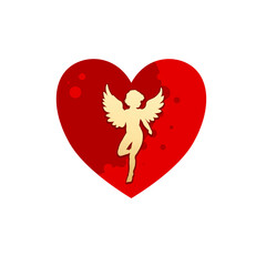 heart with angel silhouette, cupid - vector illustration