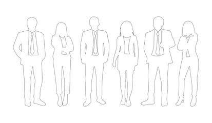 silhouettes of men and a women, a group of standing business people, black color outline isolated on white background in vector design.