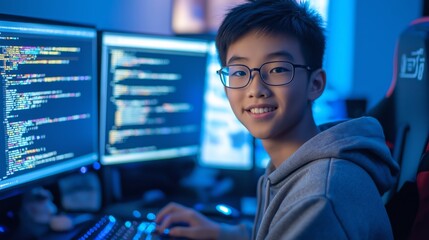 Teenage east asian boy with glasses enjoying computer coding in a tech setting