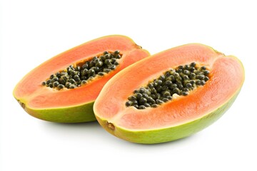 Fresh papaya halves, showcasing vibrant orange flesh and black seeds.