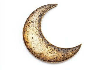 Golden crescent moon, textured design on a white isolated background.