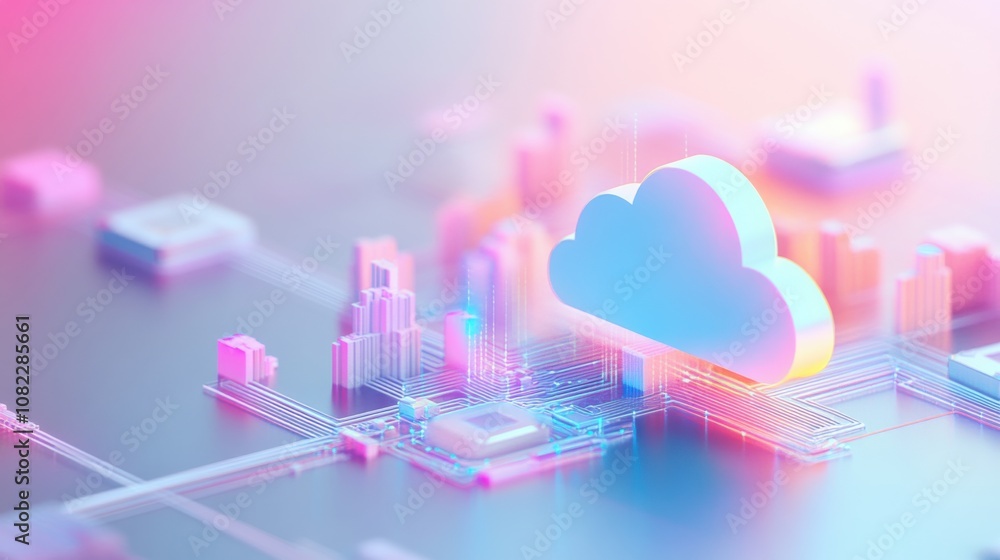 Poster this artwork showcases an imaginative depiction of cloud computing, blending urban architecture with