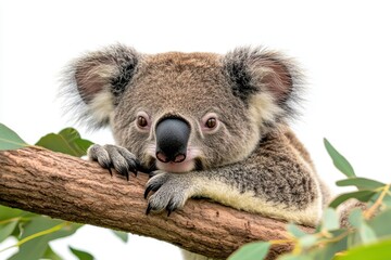 Obraz premium Koala resting on a branch, white isolate background.