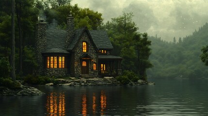 Fototapeta premium Cozy cabin reflection lake photography serene landscape tranquility