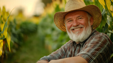 Fototapeta premium Smiling Farmer in Cornfield, Portrait of Happy Senior Man Wearing Straw Hat, Relaxed in Rural Setting, Golden Hour Light