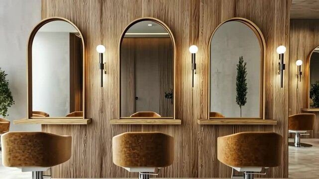 Stylish hair salon interior with wooden accents and modern mirrors during daylight hours