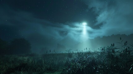 A UFO with a Beam of Light at Night