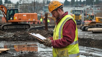 Construction Site Supervisor: A construction worker in a hard hat and safety vest, diligently reviewing plans on a clipboard amidst a bustling construction site.