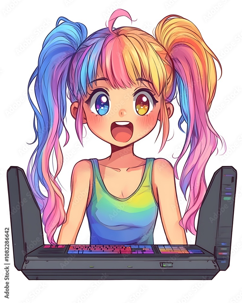 Poster prototyping user friendly, colorful digital girl with interactive desktop interface