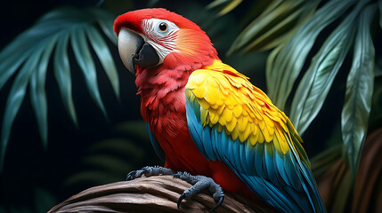 Obraz premium Vibrant Scarlet Macaw Perched on Branch, Tropical Foliage Background, Detailed Colorful Plumage