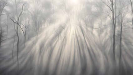 Blurry sunbeams through dense fog in shades of grey silver and soft gold, AI Generated