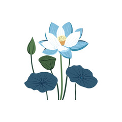 Blue Lotus Flower with Green Pads Vector Illustration