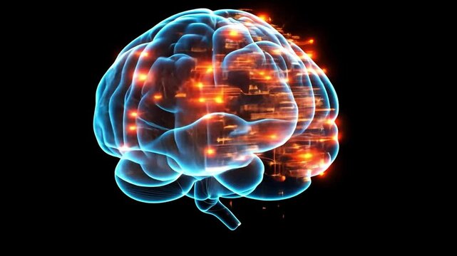 Illuminated Mind: A digital rendering of a human brain, intricately detailed with glowing circuit board patterns, symbolizing the complex interplay of neural networks and technological innovation.