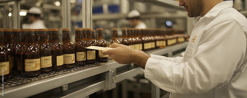 Poster worker inspecting bottles on a production line in a factory setting.