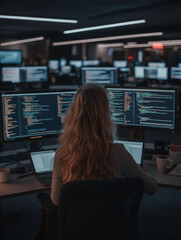 A programmer focused on coding in a dimly lit office surrounded by multiple computer screens displaying data and code