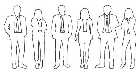 silhouettes of men and a women, a group of standing business people, black color outline isolated on white background in vector design.