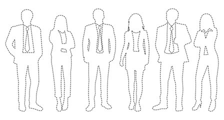 silhouettes of men and a women, a group of standing business people, black color outline isolated on white background in vector design.