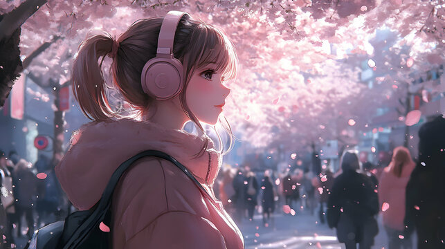 Fototapeta Anime Girl Listening to Music Under Cherry Blossoms: Digital Painting of a Young Woman Enjoying Spring in a Crowd, Wearing Pink Headphones and Jacket