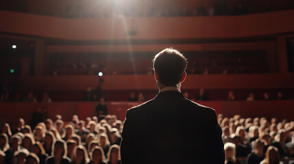 Rear view of people in audience at the conference hall, Speaker giving a talk in conference hall at business event.
