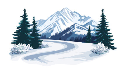Fototapeta premium Curved snowy road with trees and mountains in a serene winter setting