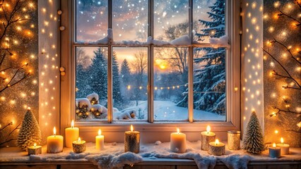 Winter window. Christmas spirit and decorations on the windowsill. Candles and lights by the snowy Christmas window. A cozy festive atmosphere for a winter evening, postcard banner. Generative AI.	
