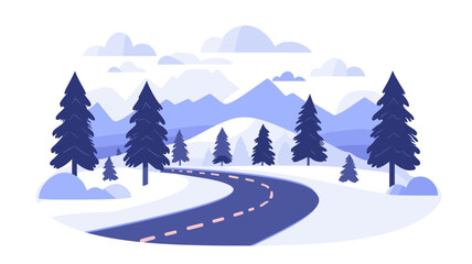 Curved winter road through snowy pine forest with purple sky