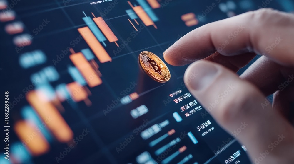 Aufkleber a hand interacts with a digital display showing bitcoin price movements through candlestick charts, 