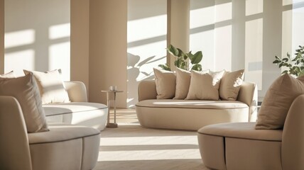 Minimalist Modern Living Room Design with a Cozy Beige Sofa, Green Potted Plant, and Soft Natural Lighting from Large Windows, Creating a Serene, Neutral Space