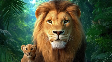 Fototapeta premium Majestic Lion and Cub in Lush Tropical Jungle Setting