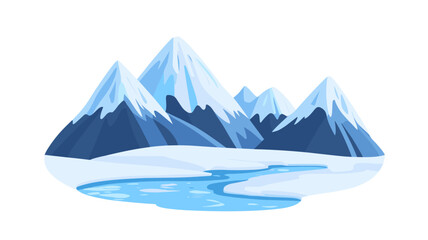 Snow-covered mountain peaks and frozen lake under clear blue sky