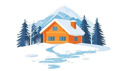 Naklejka premium Bright winter cabin in snow with mountain backdrop and pine trees