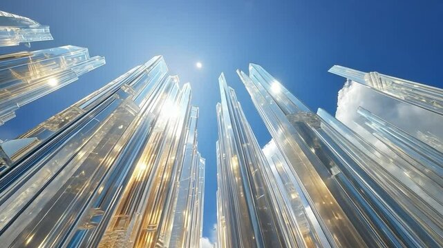 Skyward Ambition: A mesmerizing cityscape of towering glass skyscrapers reaching towards a brilliant sun, symbolizing ambition, progress, and the boundless possibilities of the future.