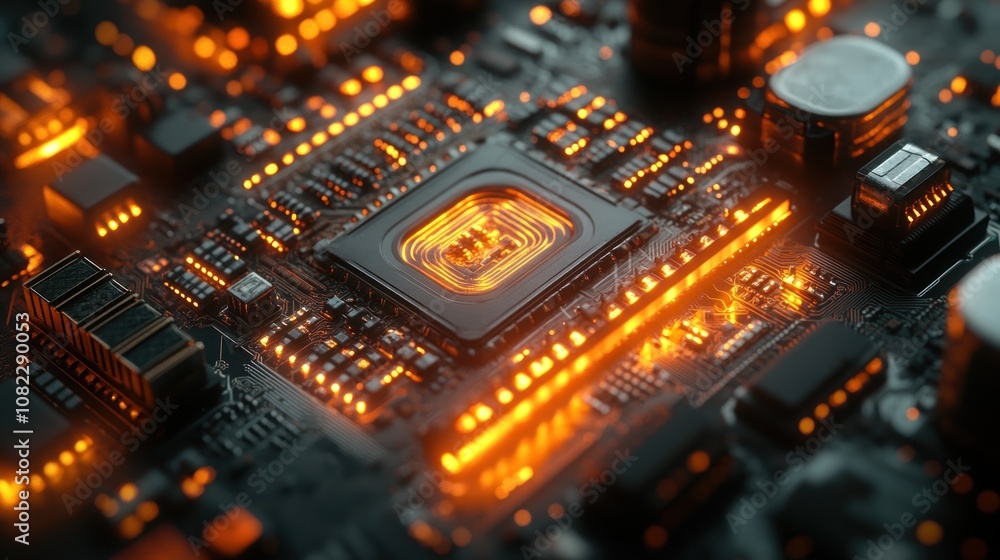 Poster close-up of a glowing cpu chip on a circuit board with orange light.