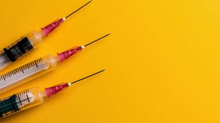 Three Medical Syringes on Yellow Background