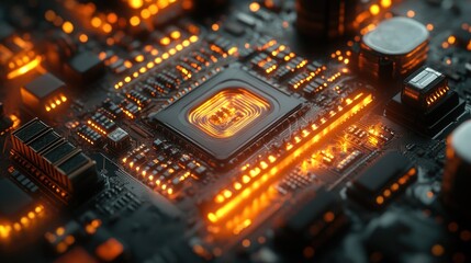 Close-up of a glowing CPU chip on a circuit board with orange light.