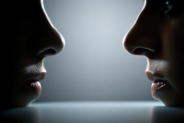 Close-up of two faces facing each other with dramatic lighting