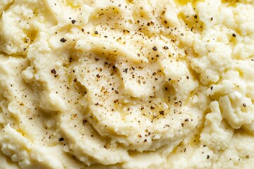 Creamy Cauliflower Pur&eacute;e, Smooth and Velvety, Highlighted in a Close-Up to Emphasize Rich Texture and Subtle Color. Great for Gourmet Cooking Blogs, Plant-Based Recipe Features, or Nutrition Guides.