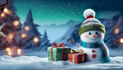 Fototapeta premium 冬の行事：雪だるまと贈り物が彩る雪景色