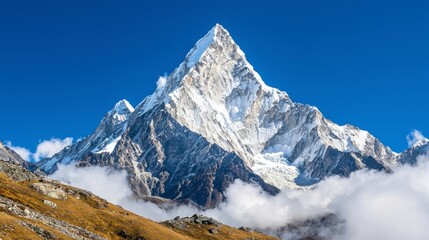 A stunning photograph of a towering, snow-covered mountain peak against a clear, deep blue sky.