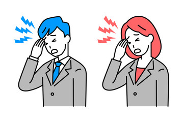 頭痛がつらいスーツの男女　セット