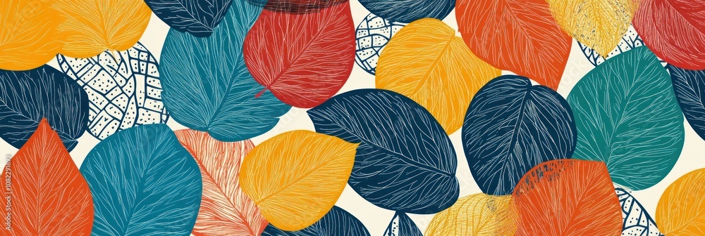Aufkleber a vibrant pattern of colorful leaves in various shapes and sizes.