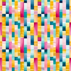 Abstract bright colorful mosaic geometric seamless pattern with vertical stripes and rectangles in blue or teal, yellow or gold, pink or red colors. Watercolor abstract art.