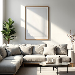 A 3D-rendered mockup of a blank poster frame on a white wall in a contemporary living room. The space features a simple, modern sectional sofa, a glass coffee table, and a few minimalist decor items. 