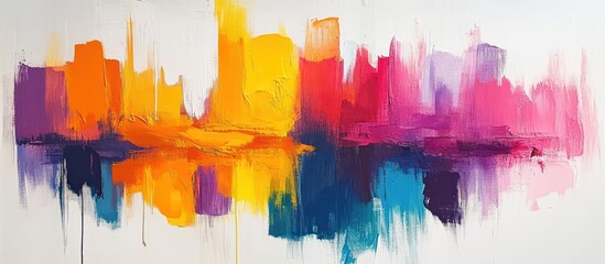 Fototapeta premium Abstract painting of a cityscape with vibrant colors reflected in the water.