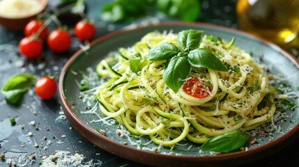 Plate of pasta with basil and tomatoes on it, world vegetarian day, food background